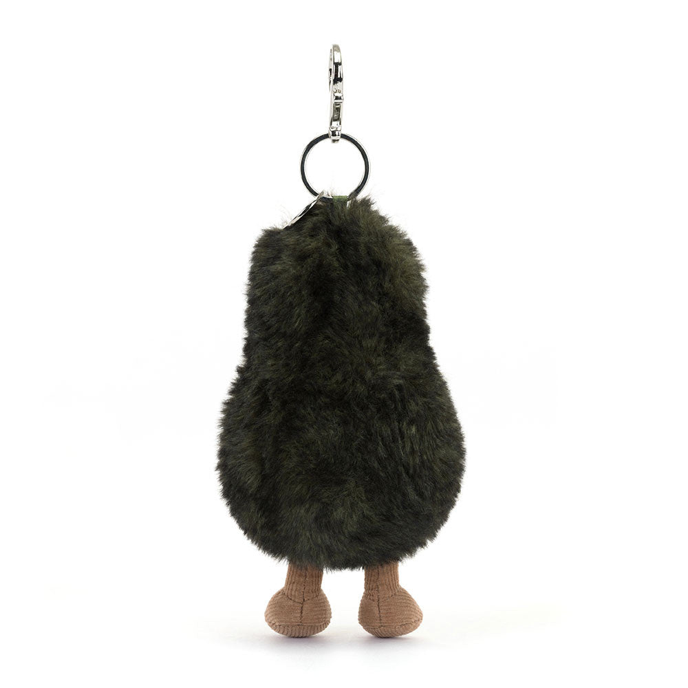 Back of the Jellycat Amuseables Avocado plush bag charm: dark green fuzzy skin and tan cord feet