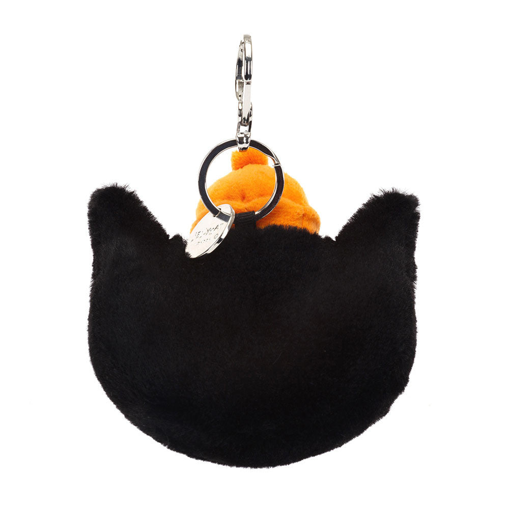 Back of the Jellycat Jack Cat 25th Anniversary bag charm: plain black plush with the orange hat peeking over the top