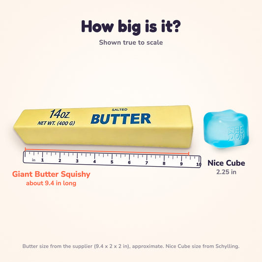 Size chart: Giant Butter Squishy, about 9.4 in long, on an inch ruler next to a NeeDoh Nice Cube, 2.25 in, shown to scale