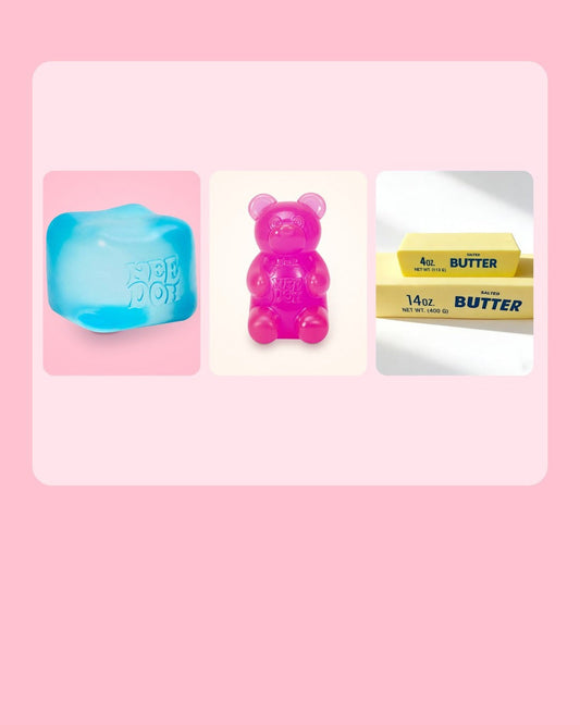 NeeDoh Nice Cube, Gummy Bear and butter squishy