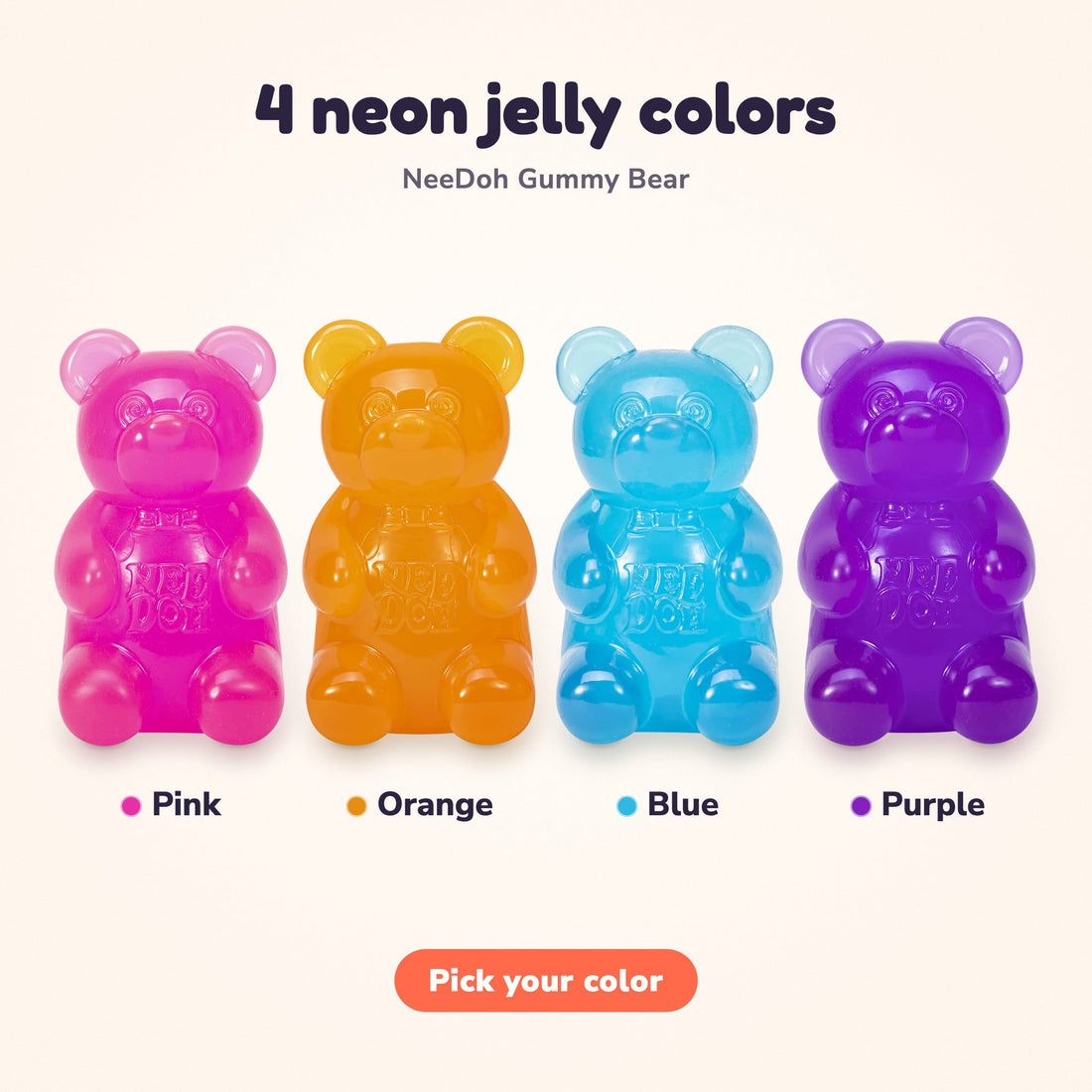 NeeDoh Gummy Bear in all 4 colors: pink, orange, blue and purple