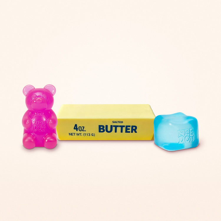 One 4 oz butter squishy, one NeeDoh Nice Cube and one NeeDoh Gummy Bear