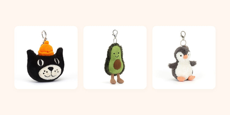 Jellycat Jack Cat, Avocado and Peanut Penguin plush bag charms