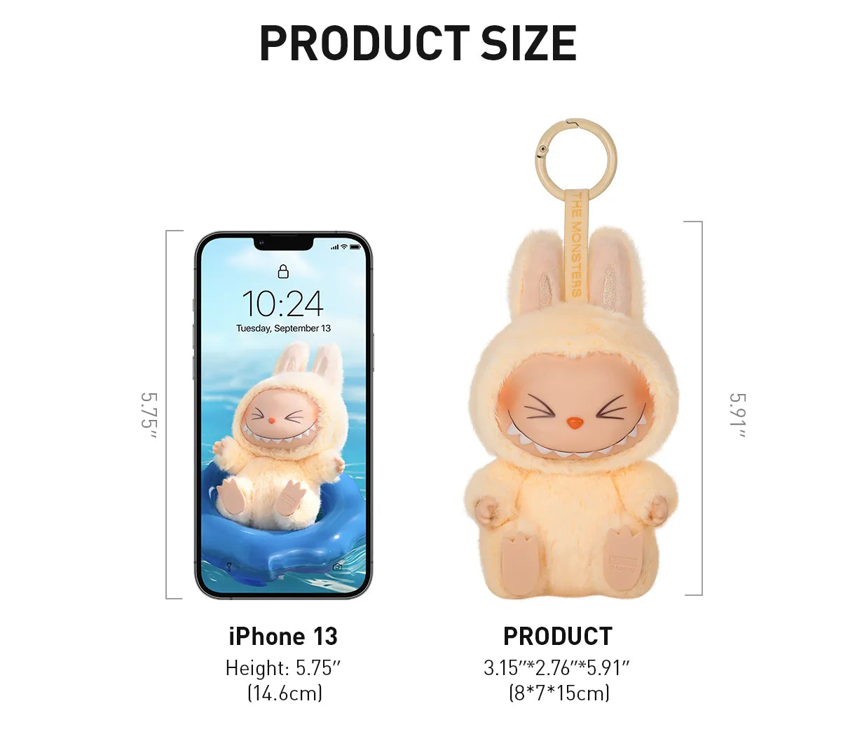Size guide: the Labubu Have a Seat figure is 5.91 in (15 cm) tall, next to a 5.75 in iPhone 13