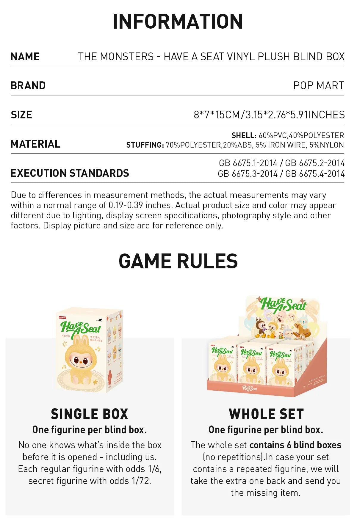 Labubu Have a Seat specs and rules: 8 x 7 x 15 cm, PVC and polyester; odds 1/6, secret 1/72, set of 6 has no repeats