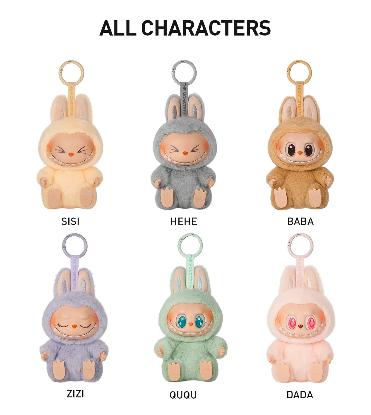All 6 Labubu Have a Seat designs: Sisi, Hehe, Baba, Zizi, Ququ and Dada, each sitting, with a keyring
