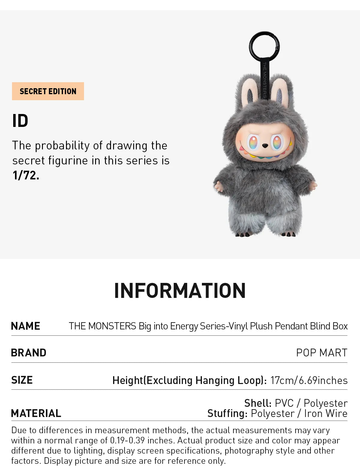 Secret ID, a grey Labubu Big into Energy pendant at 1/72 odds; spec table: 17 cm tall without loop, PVC and polyester