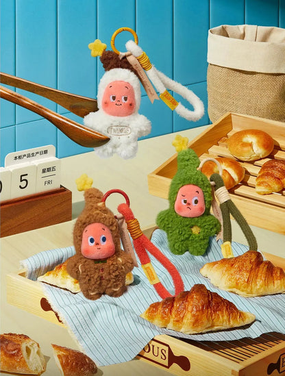 White, brown and green Twinkle Twinkle Savor the Moment pendants styled with croissants and bread