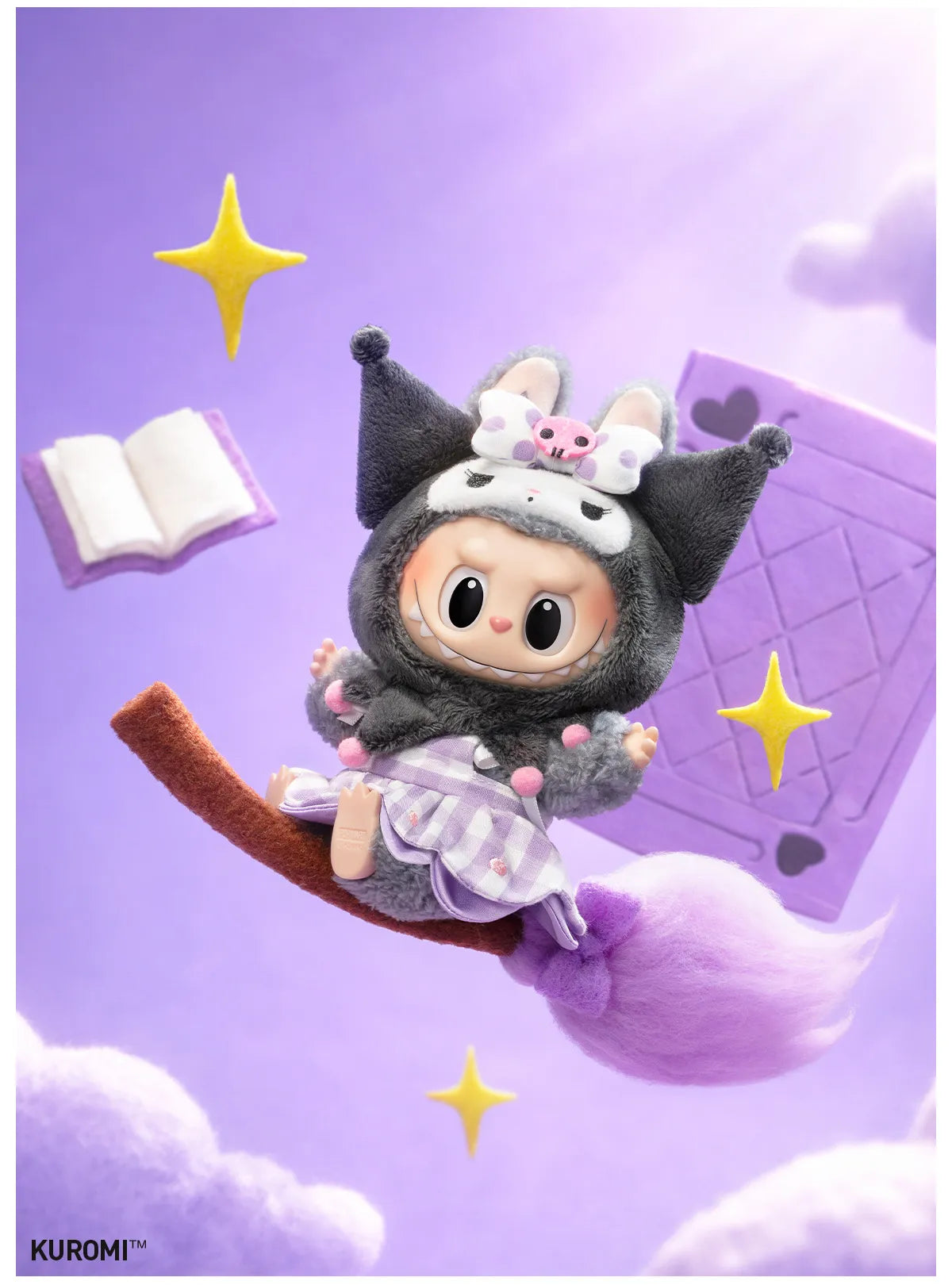 Kuromi design from Labubu x Hello Kitty and Friends, in a black hood and lilac plaid dress, riding a broom