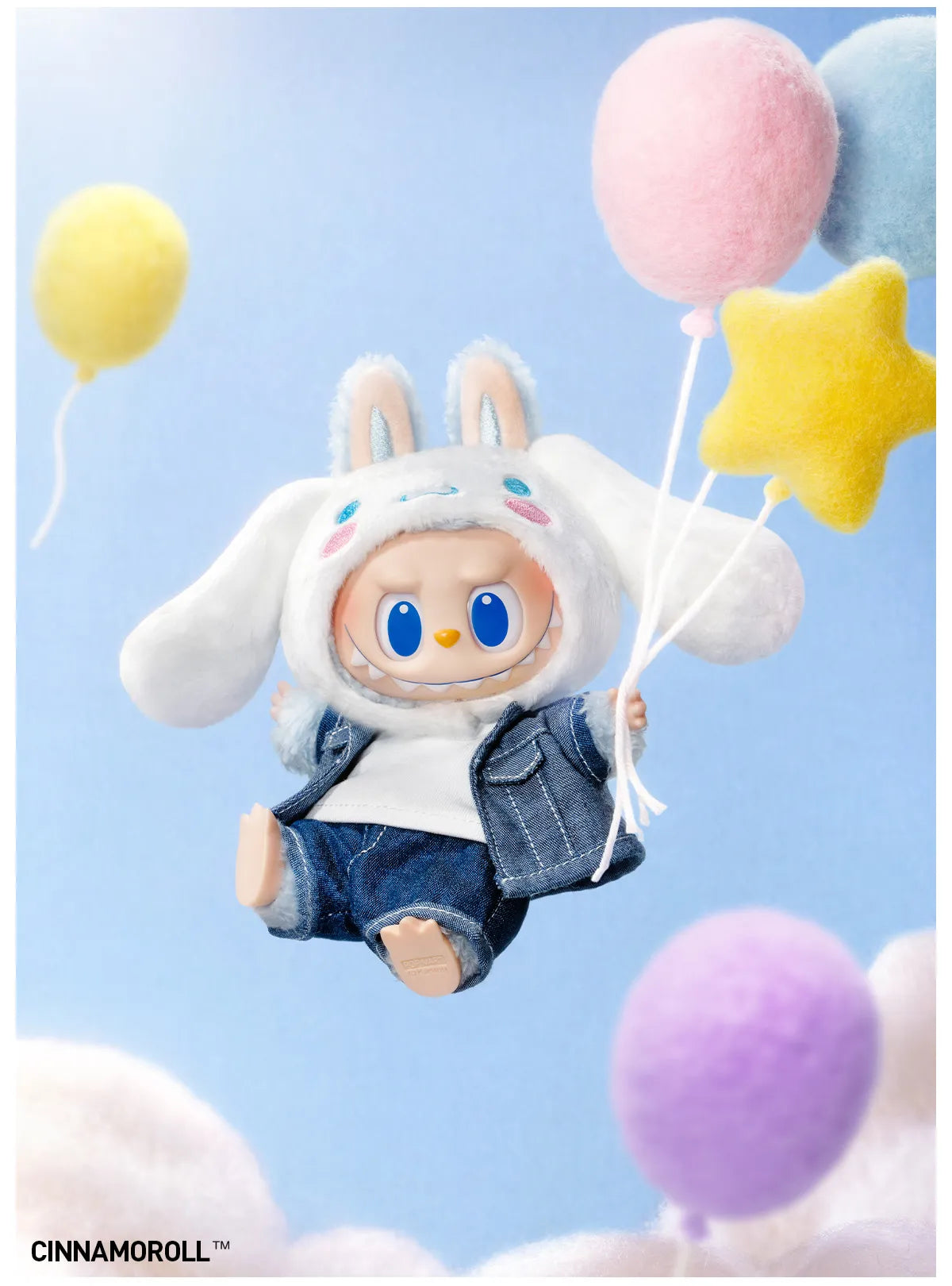 Cinnamoroll design from Labubu x Hello Kitty and Friends, in a denim jacket, floating with balloons
