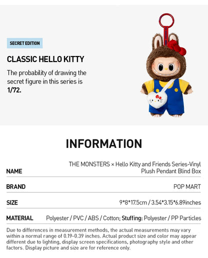 Secret Classic Hello Kitty at 1/72 odds; Labubu x Hello Kitty and Friends specs: 9 x 8 x 17.5 cm, polyester, PVC, ABS