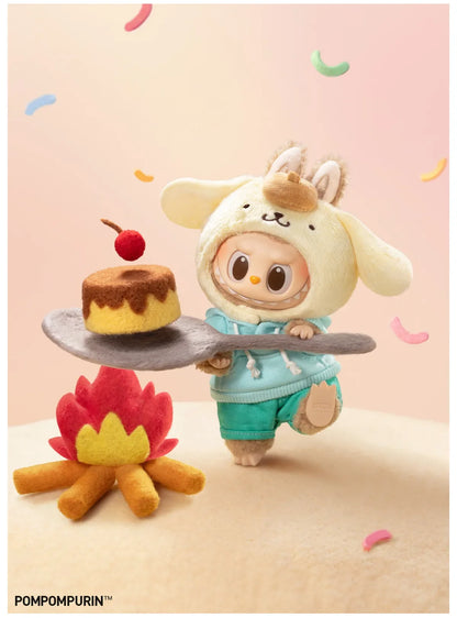 Pompompurin design from Labubu x Hello Kitty and Friends, in a teal hoodie, carrying a pudding on a spoon