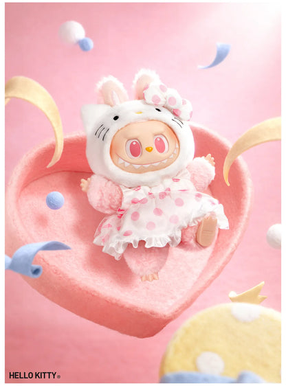 Hello Kitty design from Labubu x Hello Kitty and Friends, in a pink polka-dot dress, lying in a felt heart