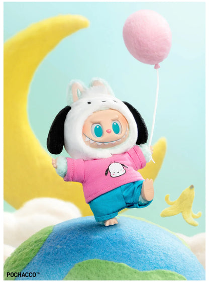 Pochacco design from Labubu x Hello Kitty and Friends, in a pink T-shirt, holding a pink balloon