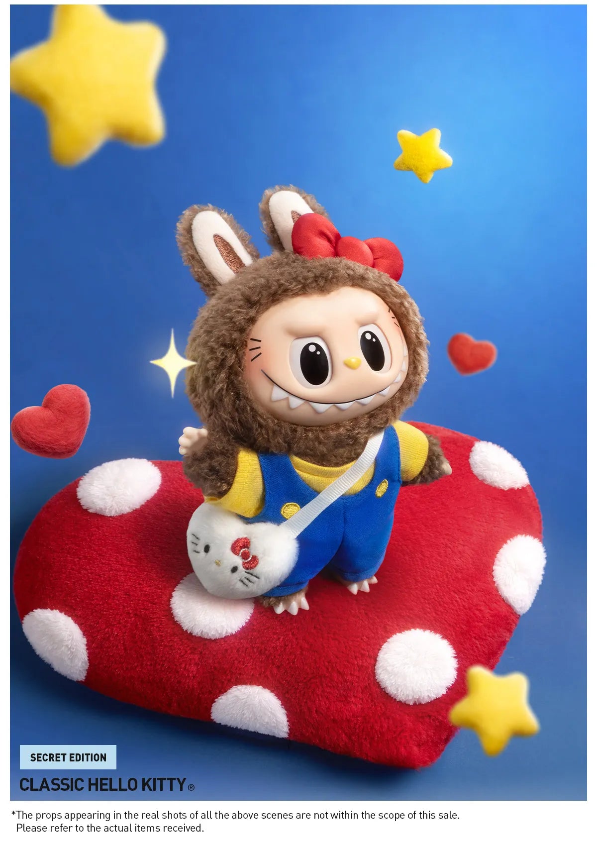 Classic Hello Kitty, the secret Labubu x Hello Kitty and Friends design: brown, red bow, blue overalls and a kitty bag