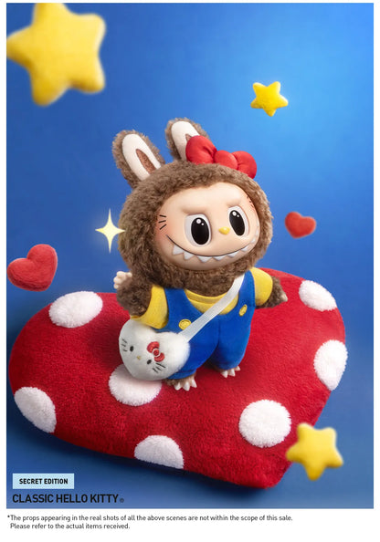 Classic Hello Kitty, the secret Labubu x Hello Kitty and Friends design: brown, red bow, blue overalls and a kitty bag