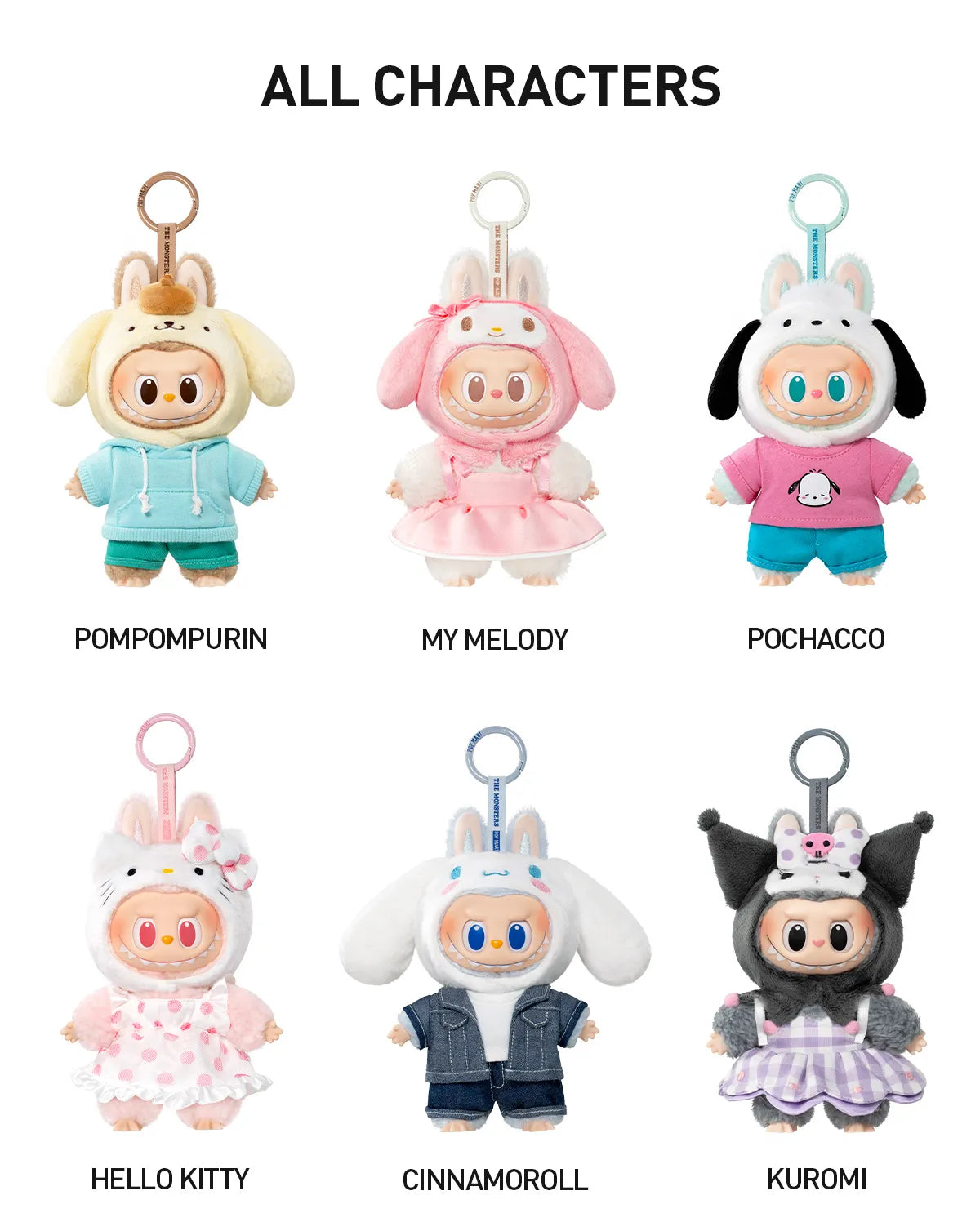 All 6 Labubu x Hello Kitty and Friends designs: Pompompurin, My Melody, Pochacco, Hello Kitty, Cinnamoroll, Kuromi
