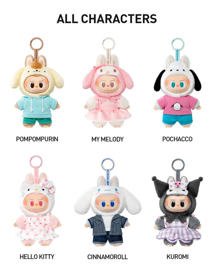 All 6 Labubu x Hello Kitty and Friends designs: Pompompurin, My Melody, Pochacco, Hello Kitty, Cinnamoroll, Kuromi