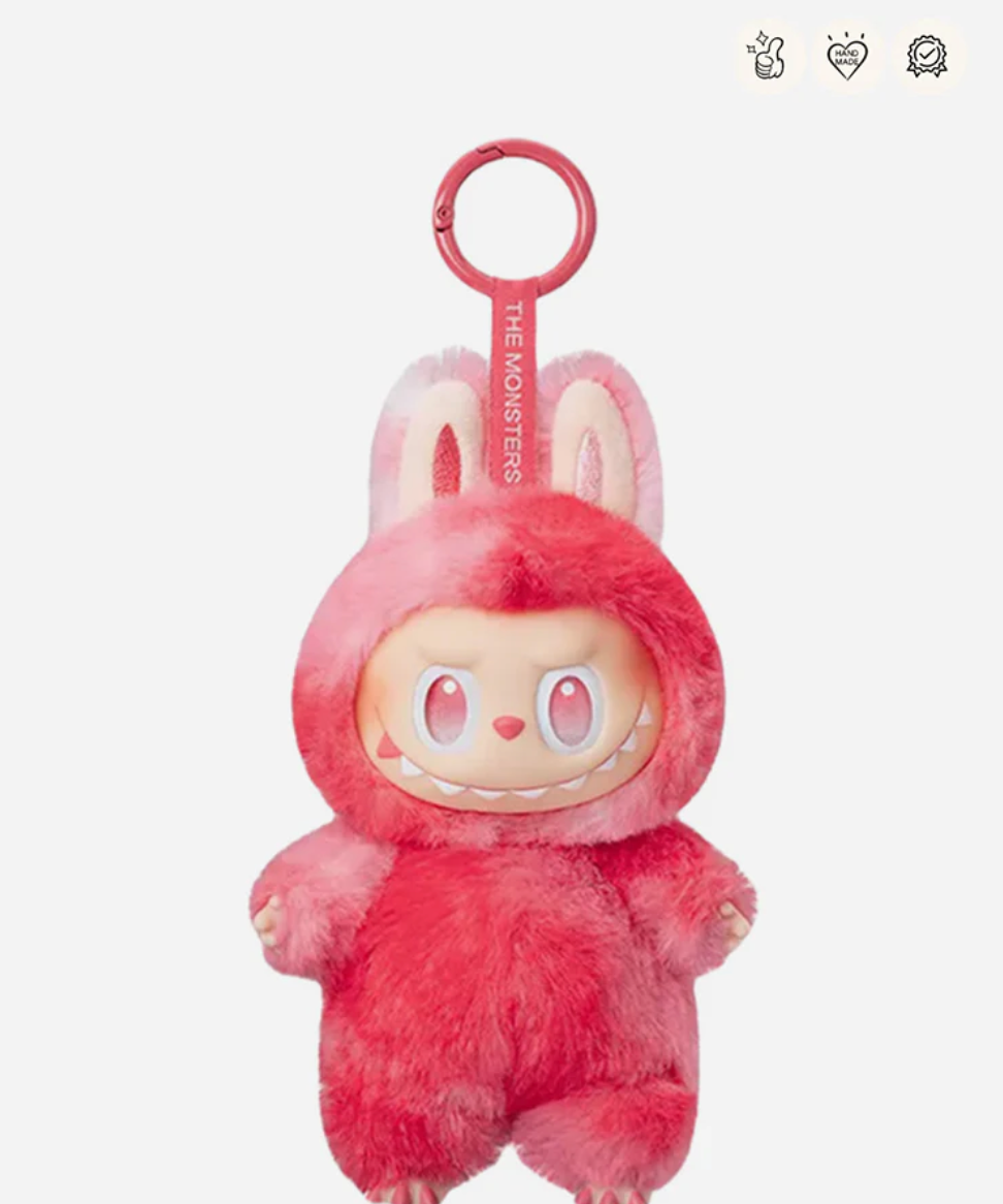 Love, the red Labubu Big into Energy pendant with a matching keyring; small badge icons in the top right corner