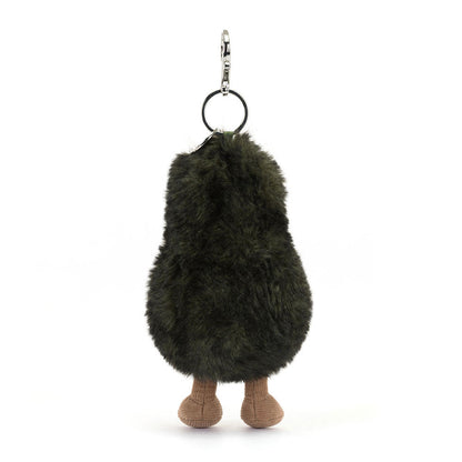 Back of the Jellycat Amuseables Avocado plush bag charm: dark green fuzzy skin and tan cord feet
