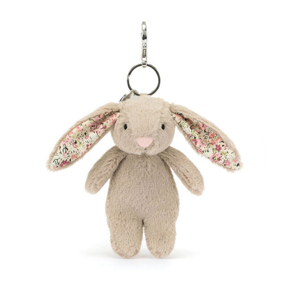 Jellycat Blossom Beige Bunny plush bag charm, front: beige bunny with long floral-lined ears and a metal clip