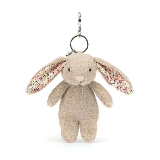 Jellycat Blossom Beige Bunny plush bag charm, front: beige bunny with long floral-lined ears and a metal clip