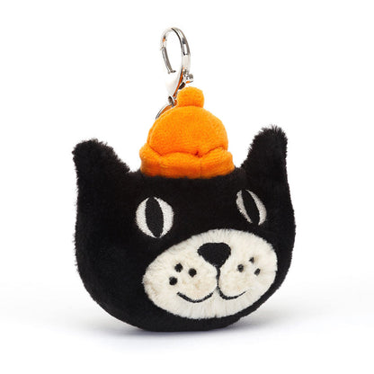 Jellycat Jack Cat 25th Anniversary bag charm: black cat face with a cream muzzle, an orange bobble hat and a metal clip