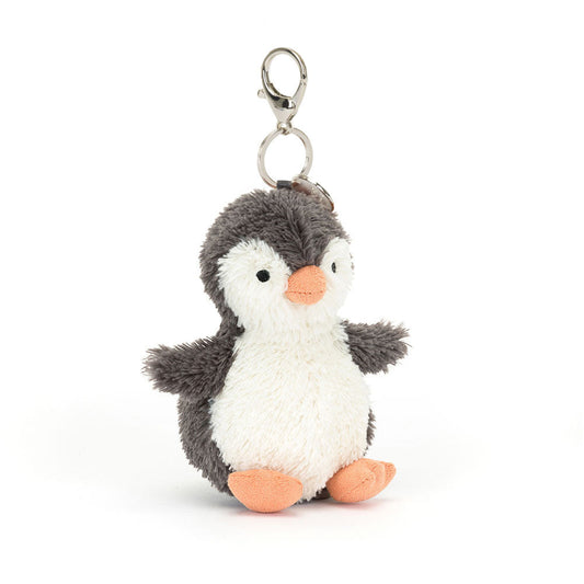 Jellycat Peanut Penguin plush bag charm, front: grey and white penguin with an orange beak and feet, on a metal clip