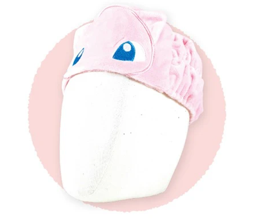 Mew Pokemon Hair Band worn on a white mannequin head, against a pink circle