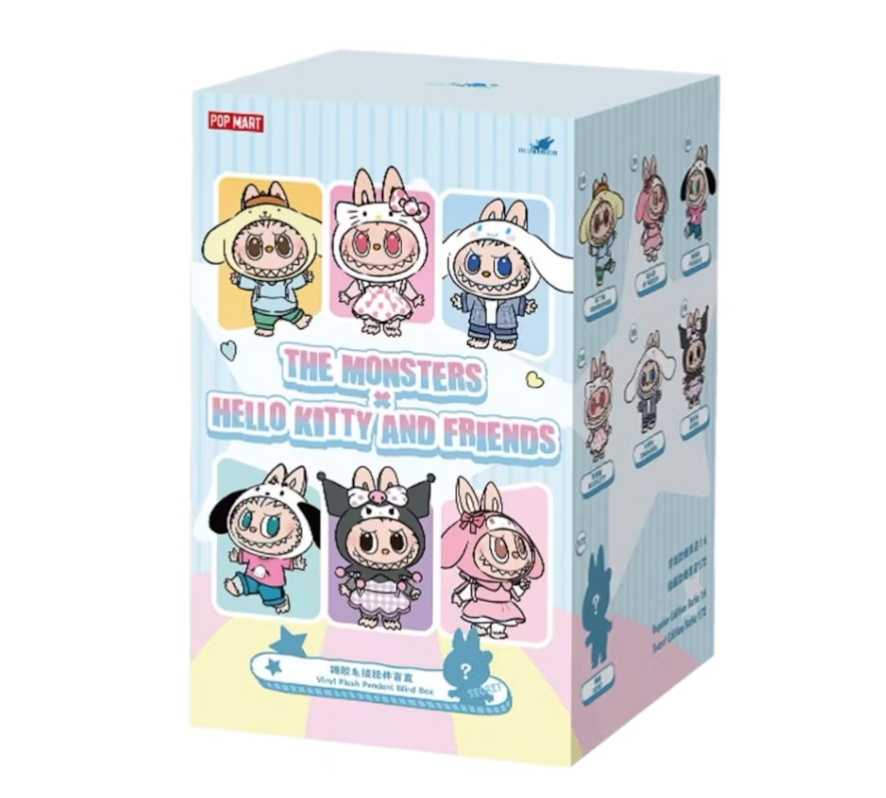 Pop Mart Labubu x Hello Kitty and Friends vinyl plush pendant blind box, front of the sealed box