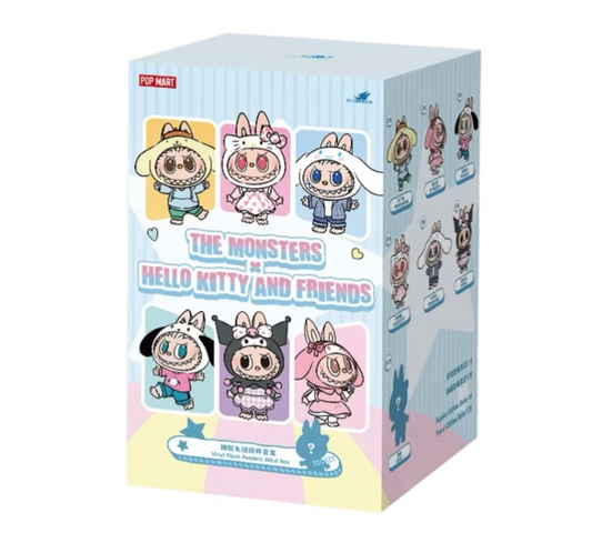 Pop Mart Labubu x Hello Kitty and Friends vinyl plush pendant blind box, front of the sealed box
