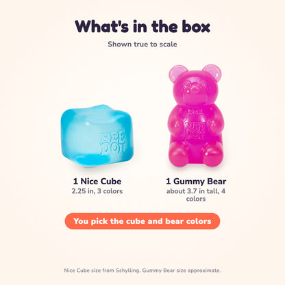 What's in the box, shown true to scale: 1 NeeDoh Nice Cube, 2.25 in, and 1 NeeDoh Gummy Bear, about 3.7 in tall. You pick the cube and bear colors.
