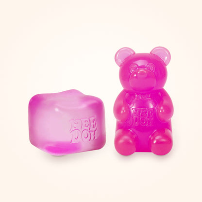 Squishy Gift Box Duo: a pink NeeDoh Nice Cube next to a pink NeeDoh Gummy Bear, shown to scale on a cream background