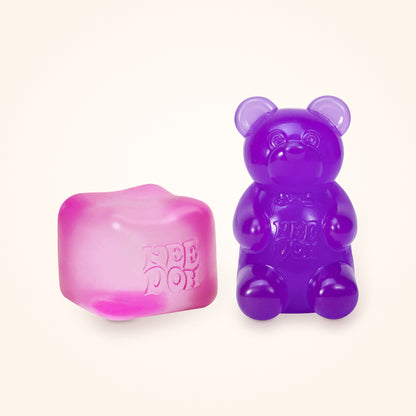 Squishy Gift Box Duo: a pink NeeDoh Nice Cube next to a purple NeeDoh Gummy Bear, shown to scale on a cream background