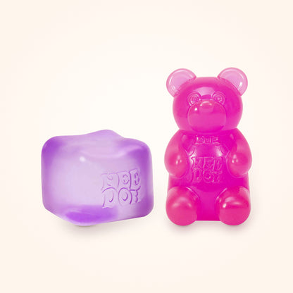 Squishy Gift Box Duo: a purple NeeDoh Nice Cube next to a pink NeeDoh Gummy Bear, shown to scale on a cream background