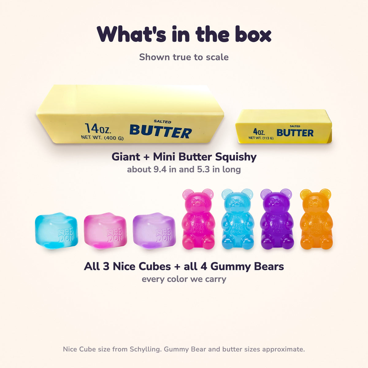What's in the box, shown true to scale: a Giant Butter Squishy, about 9.4 in long, a Mini Butter Squishy, about 5.3 in long, 3 NeeDoh Nice Cubes in blue, pink and purple, and 4 NeeDoh Gummy Bears in pink, blue, purple and orange.