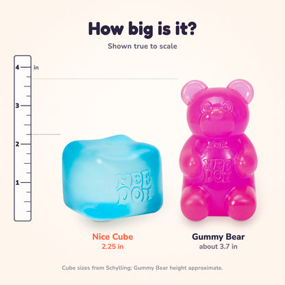 Size chart: NeeDoh Nice Cube, 2.25 in, next to a NeeDoh Gummy Bear, about 3.7 in tall, shown to scale beside an inch ruler