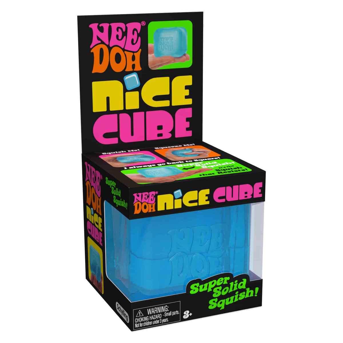 NeeDoh Nice Cube in its original sealed Schylling retail box, blue shown